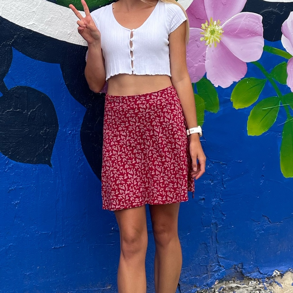 Brandy Melville Wrap Skirt — Red/White Floral Print
